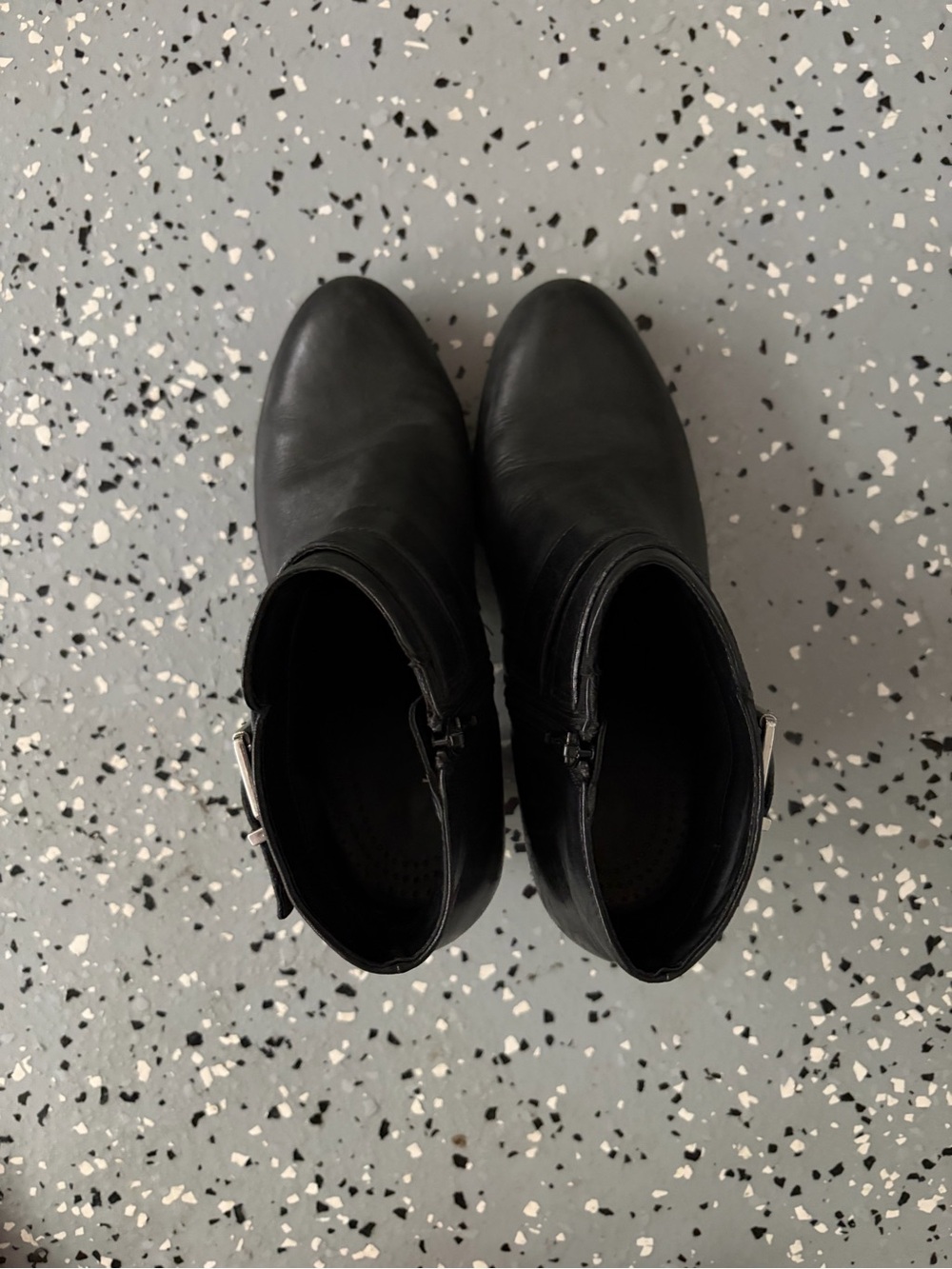 Clarks
Black Leather Ankle Black Boots with Side Zipper and Buckle Accent